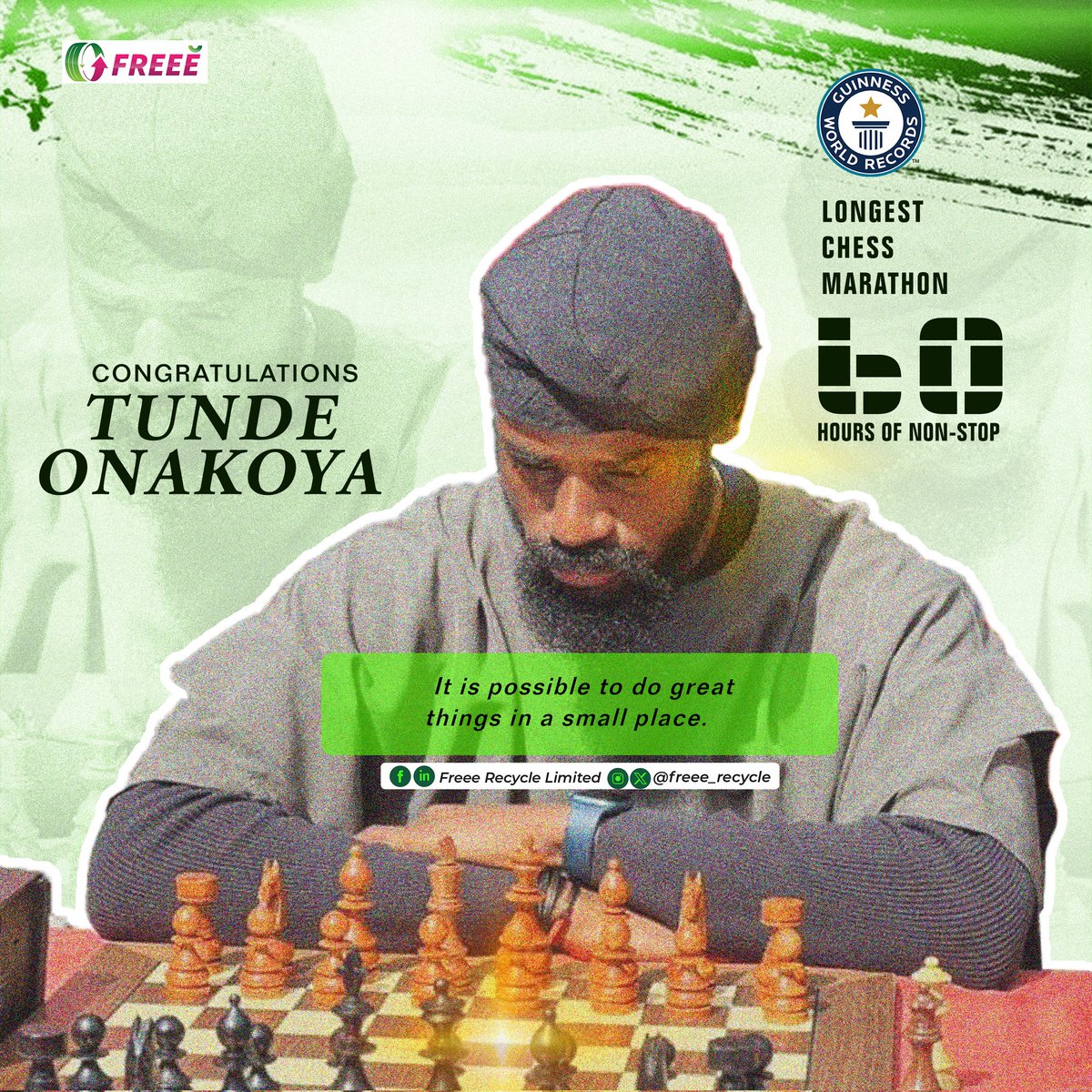 Congratulations to Tunde Onakoya for breaking the Guinness World Record as a chess master player with an impressive 60-hour gameplay 
#GuinnessWorldRecord #ChessMaster