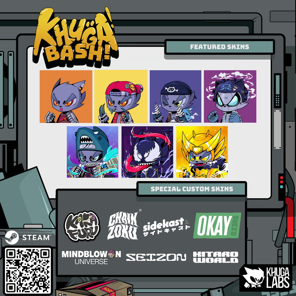 Big news! We're gearing up to launch Khuga Bash! on @Steam very soon. 🎮 Get ready to prove you're the ultimate champion of the Khugaverse with skins that passed the audition, including two selected legendaries and a special one, the Daddy Sharp! 🦈 Also, announcing 7 custom…