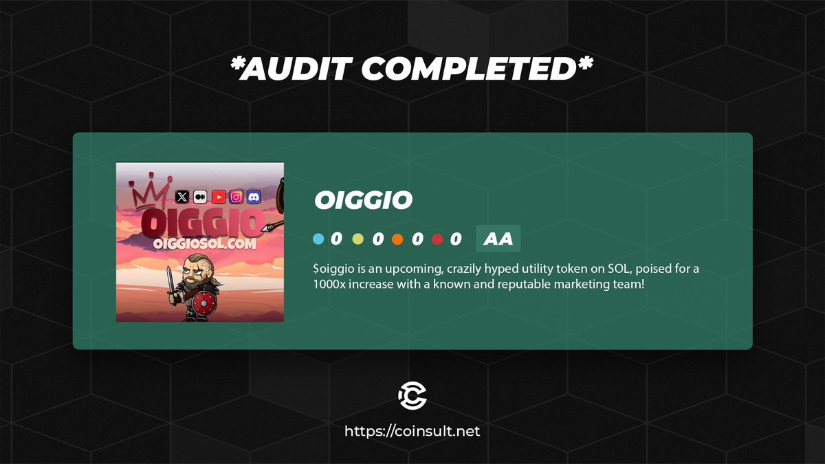 🔒 AUDIT COMPLETED FOR OIGGIO

🎁 GIVEAWAY: $100 (48 hours)

1⃣ Follow <a href="/oiggio_sol/">$Oiggio</a> &amp; <a href="/CoinsultAudits/">Coinsult - Audits & Development</a>
2⃣ Join their Telegram: t.me/oiggio_sol
3⃣ Like, RT and Place a Comment 💬

Go check out the full project page of OIGGIO 👇
coinsult.net/projects/oiggi…

#giveaway #audit