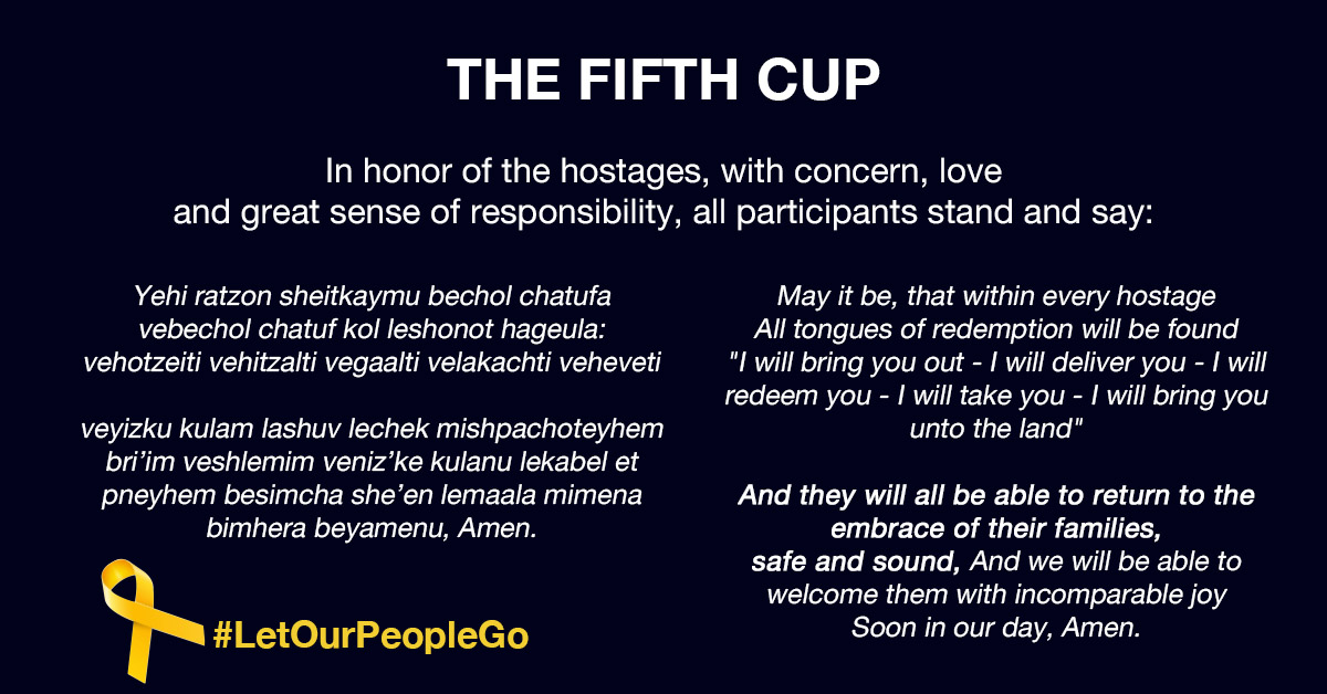 Join us in this powerful initiative from Shelly Shem Tov, mother of Omer, who has been held captive for over 6 months, to pour a 5th cup for the hostages. Call for action & honor hostages' families this Passover with @bringhomenow: bit.ly/3UoshCY #LetOurPeopleGo