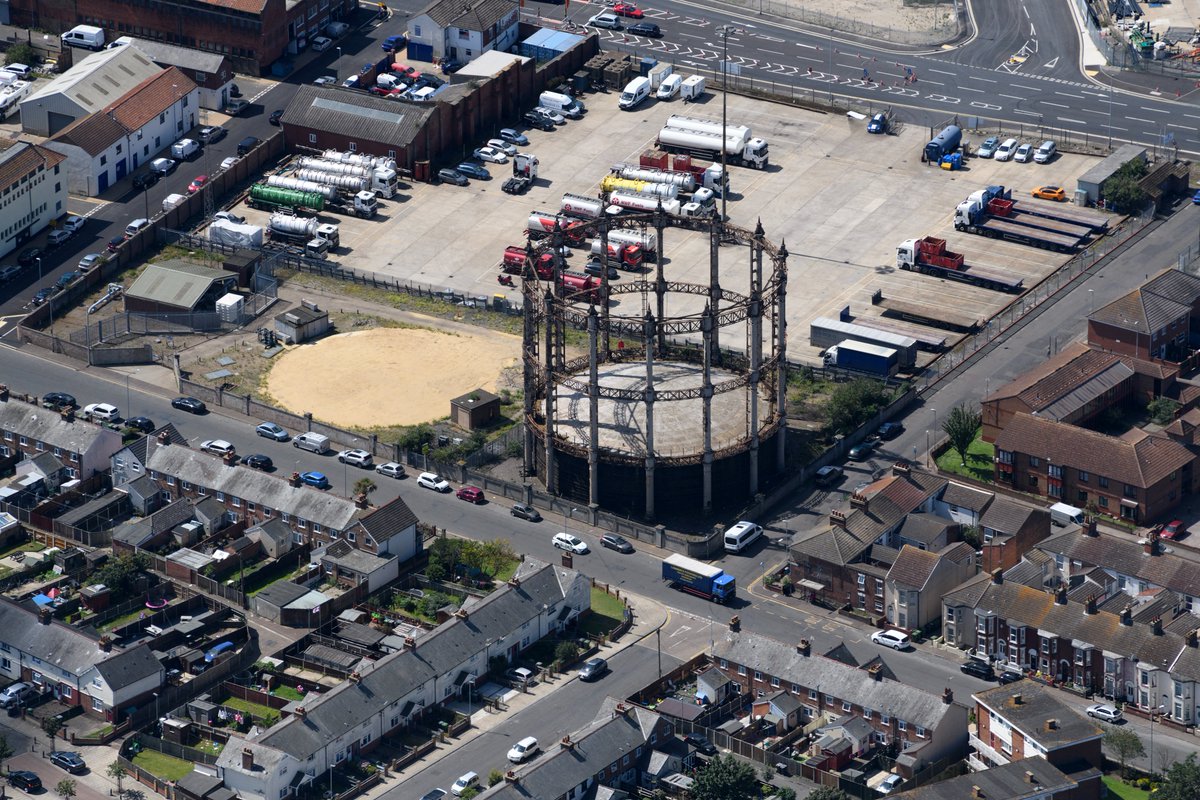 Aerial view of the last gasholder in Great Yarmouth, built in 1884 for the Great Yarmouth Gas Company. It is a grade II listed building - 1 of only 19 listed gasholders in the country #GreatYarmouth #aerial #image #Norfolk #GasHolder #aerialphotography