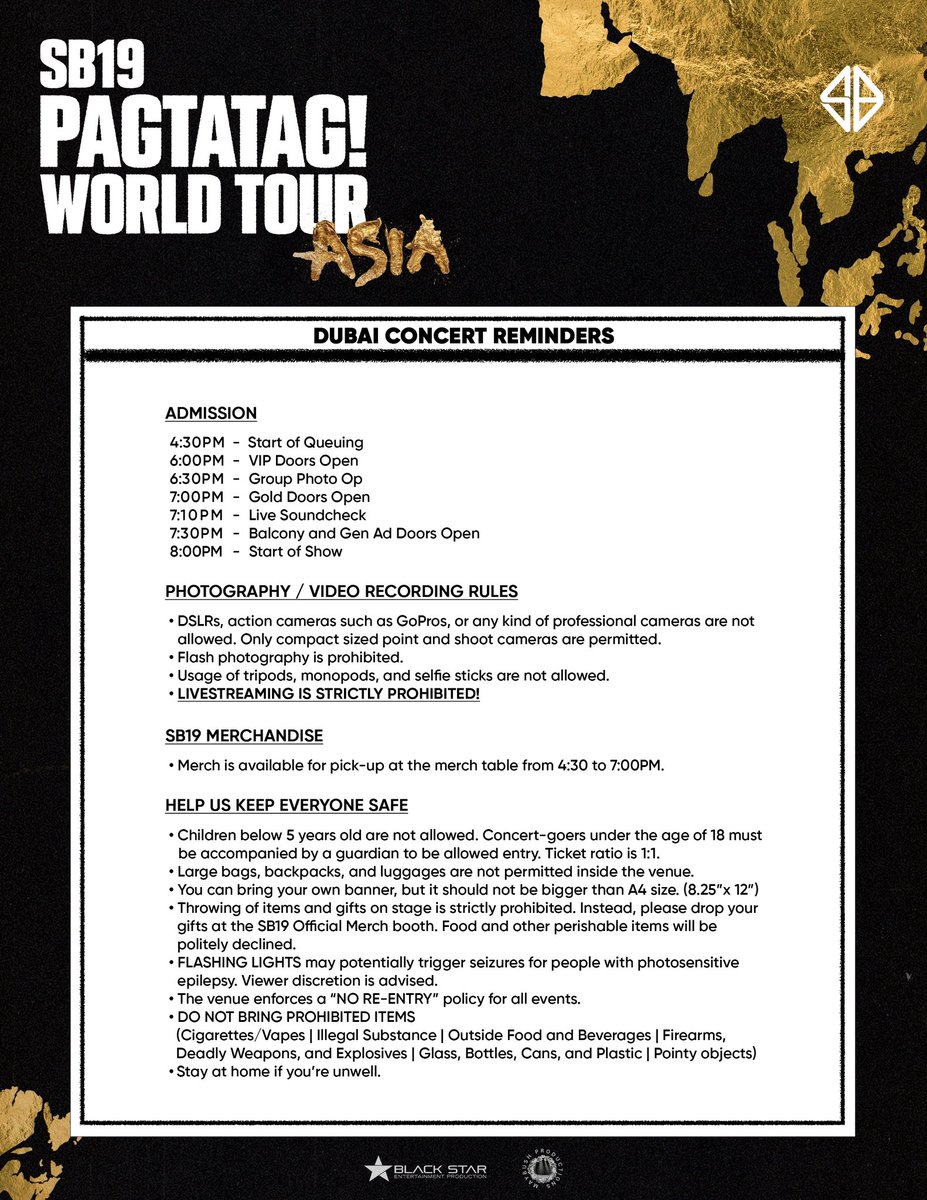 SB19Official's tweet photo. ⚠️ Take note of our venue guidelines for the #PAGTATAGWorldTourDubai concert this April 24!

🎫 Tickets are available via https://t.co/MkSML9aBls

#SB19 #PAGTATAG #SB19PAGTATAG #PAGTATAGWorldTourAsia https://t.co/4lYlaRPPQE
