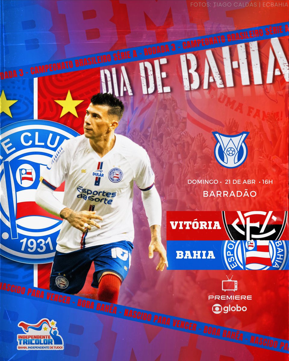 Hoje tem Bahia pelo Brasileirão-24 O Tricolor volta a campo para o clássico de maior tradição, desta vez valendo pelo campeonato nacional. E a torcida quer ver um triunfo com propriedade. Bora Baaaaaahêêêêêêaaaaaa 🗓 Hoje, 21/Abr 🕓 16h 📍Barradão 📺 TV Bahia e Premiere