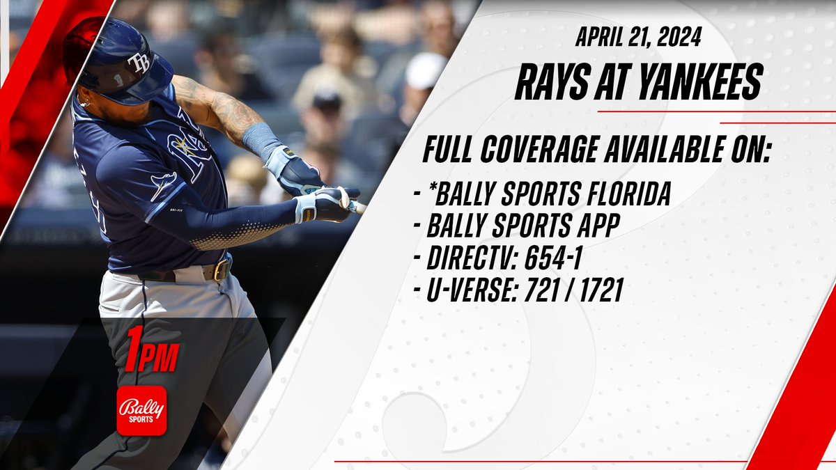 Heads-up @RaysBaseball fans: Today’s game vs. the Yankees will air on Bally Sports Florida for cable viewers. As usual, the coverage is also available on the Bally Sports app.