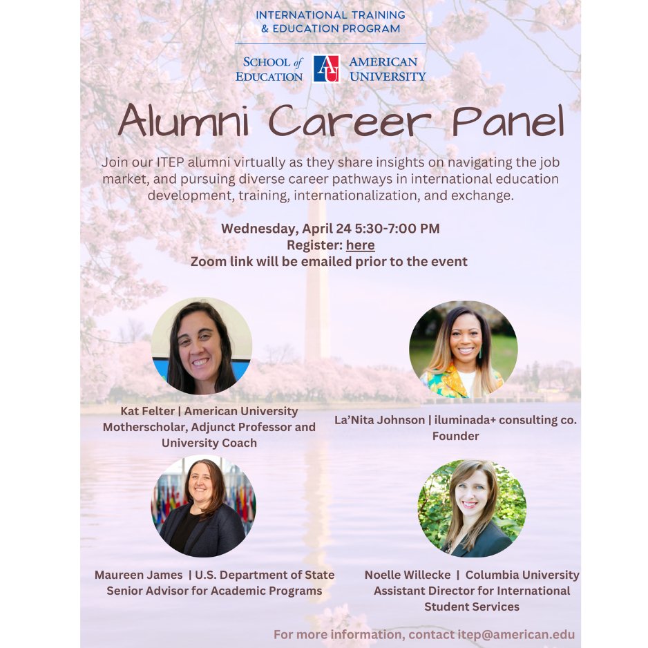 This Wednesday! April 24, at 5:30 pm ET > An ITEP Alumni Career Panel - featuring Kat Felter, La'Nita Johnson, Maureen James, and Noelle Willecke - will discuss navigating the job market and pursuing diverse career pathways. Register at bit.ly/4b6vOLM. @AmericanU #event