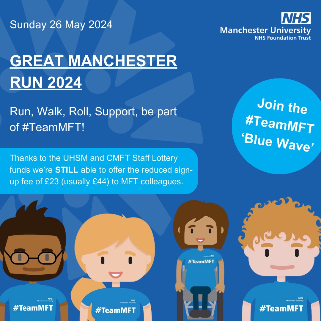 📢 MFT Colleague Message There’s only 5 weeks left until this year’s #TeamMFT ‘Blue Wave’! Don’t worry, there’s still time for MFT colleagues to sign up at mft.nhs.uk/team-mft-gmr at the reduced fee of £23. Run, walk, roll, support, be part of #TeamMFT