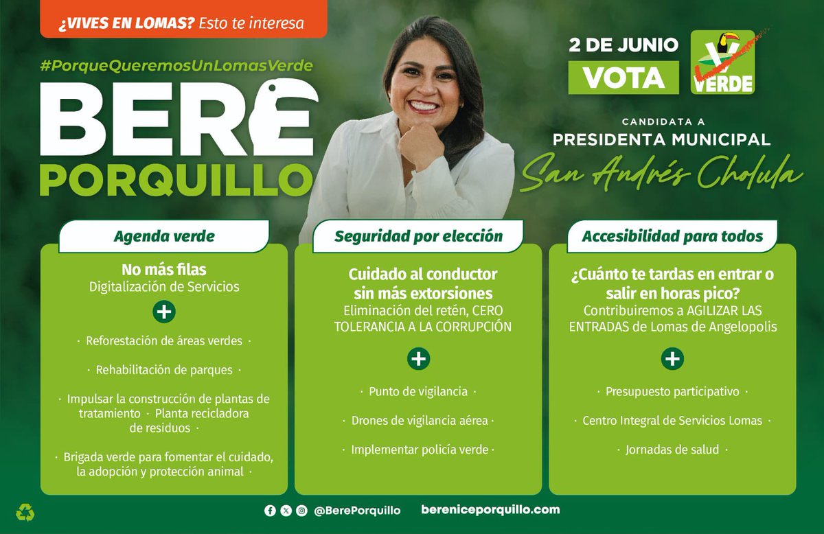 MaraRichards's tweet photo. Si vives en #Lomasdeangelopolis y aún no sabes por quién vas a votar… vota por @BerePorquillo la única candidata que propone designar un presupuesto específico en la zona #porquesisepuede #lomastambienessanandres #quelomassepintedeverde  🍀✅💚 https://t.co/0I8N2VBAQe