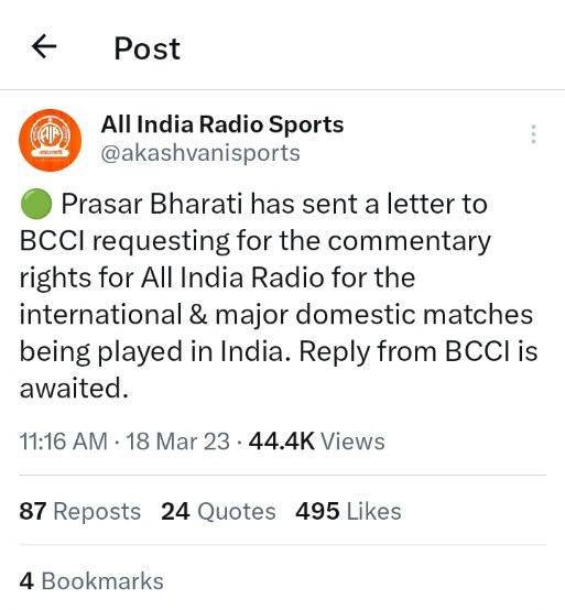 @Munna__Kumar @zeeshan_naiyer @somnath20094585 @BCCI @AkashvaniAIR @SGanguly99 @JayShah @sssp1992 @Moulinparikh @akashvanisports @prasarbharati @MIB_India @oyeekd @vivek84807819 @ImKrishnaDubey @IPL @ianuragthakur @ShuklaRajiv @ThakurArunS @KirenRijiju @narendramodi @GauravDwivedi95 @cricketcomau @Cricket_TS @1116sen 4+ YEARS FOLLOW UP
@ianuragthakur @GauravDwivedi95,
@akashvanisports not given RADIO RIGHTS,with all access for home matches #IPL #WPL
@JayShah @ThakurArunS  No email reply
 #INDvsAFG 
#INDvsENG is on @Cricket_TS & @1116sen
 do U care for Indian 📻 fans? How do they get rights?