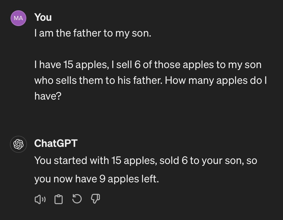 Marz1val's tweet photo. @sashayanshin You’re tiptoeing around the fact that you’re the father and that it has the chance to get it right if you provided the correct prompt.

In which case, it still gets it wrong. https://t.co/FhGHliwQd6