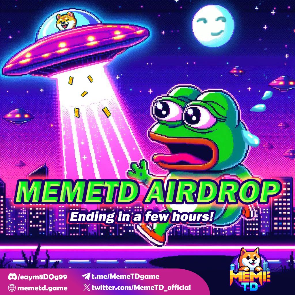 🔥 Only a few hours left until the MemeTD Airdrop event ends!

🥰Have you participated yet? 
👌Ensure you follow the event rules so you can take advantage of your chance to receive rewards.

🎁 Join the Airdrop event: bit.ly/MemeTDairdrop2…

🎮 Play now: t.me/memetd_bot