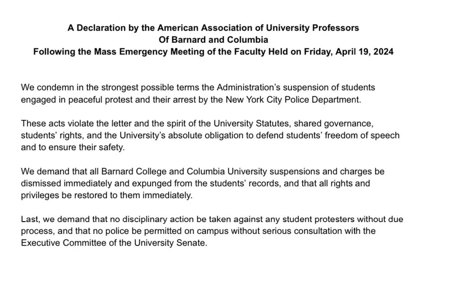 I signed this statement from @Columbia faculty condemning in the strongest possible terms the University's suspension of students engaged in peaceful protest and their arrest by the NYPD. We demand suspension and charges be dismissed immediately and expunged: