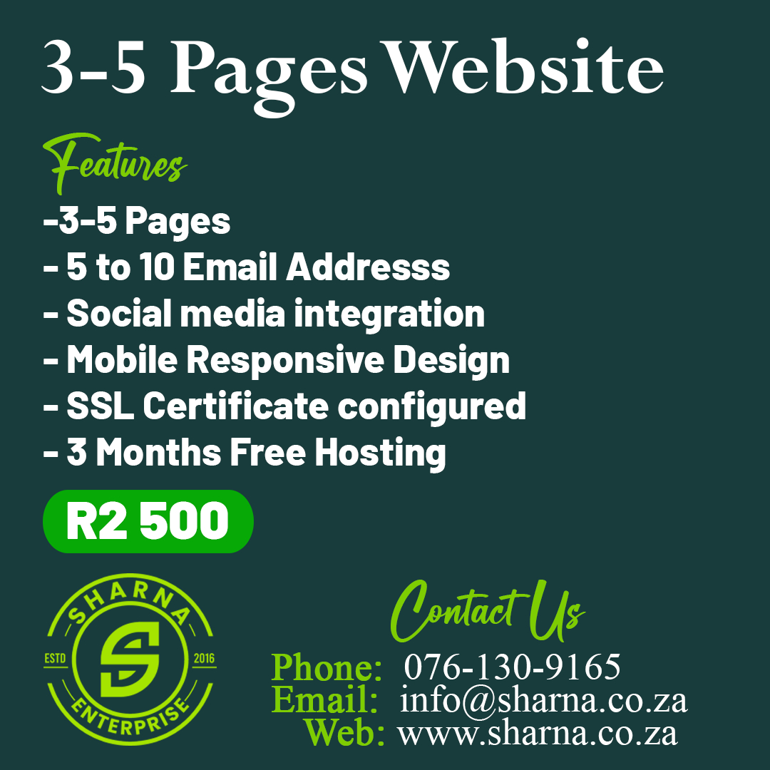 SharnaRsa's tweet photo. 📘 Expand your site with our 3-5 Pages Website Development service! Ideal for growing businesses needing a little more space online. Contact Sharna Enterprise and take your digital footprint to the next level! 📈🌍
Contact us today!
Phone: 076 130 9165
Email: info@sharna.co.za https://t.co/Kxh95JDw5j