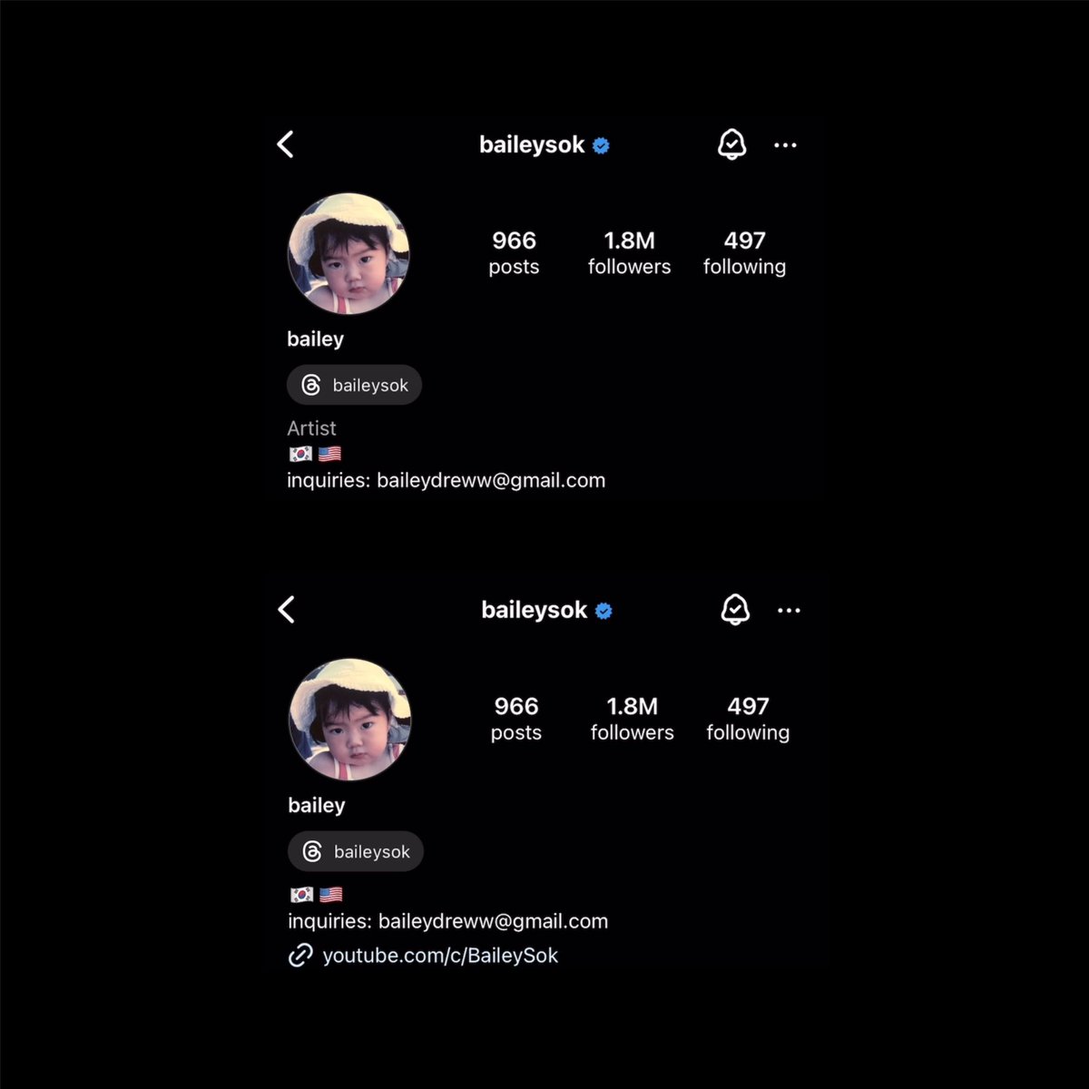 210423 [INFO]

Ella Gross and Bailey Sok have removed Actor and Artist respectively from their Instagram profiles

#MEOVV #TBLNGG #THEBLACKLABEL #더블랙레이블

@THEBLACKLABEL