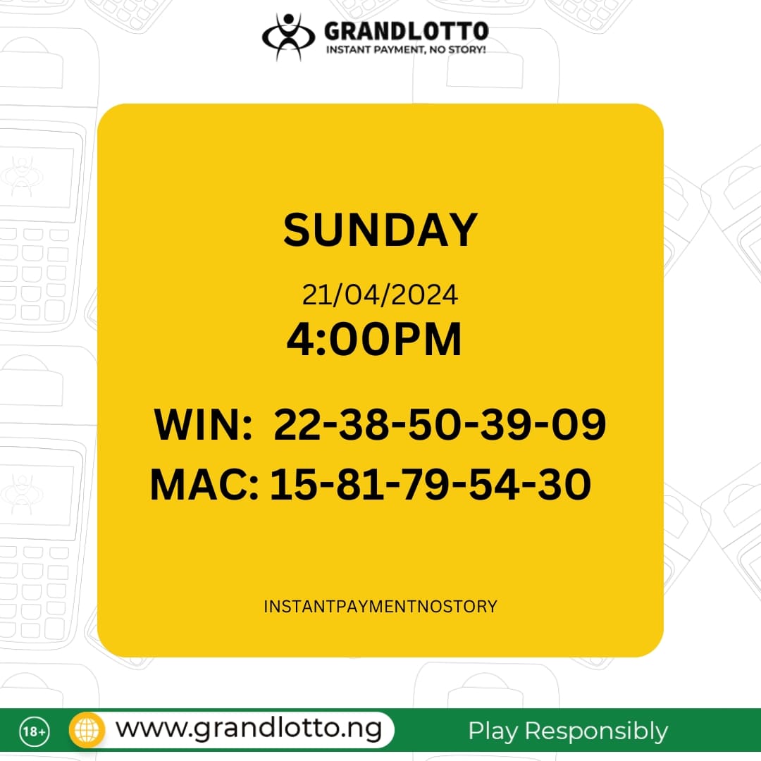 SUNDAY CARNIVAL RESULT

grandlotto.ng

#Instantpayment #nostory #Grandlotto #lotto #Lottonigeria #indoorgames #playandwin #playanywhere #winningsanywhere #cashout #chooseyellowterminal