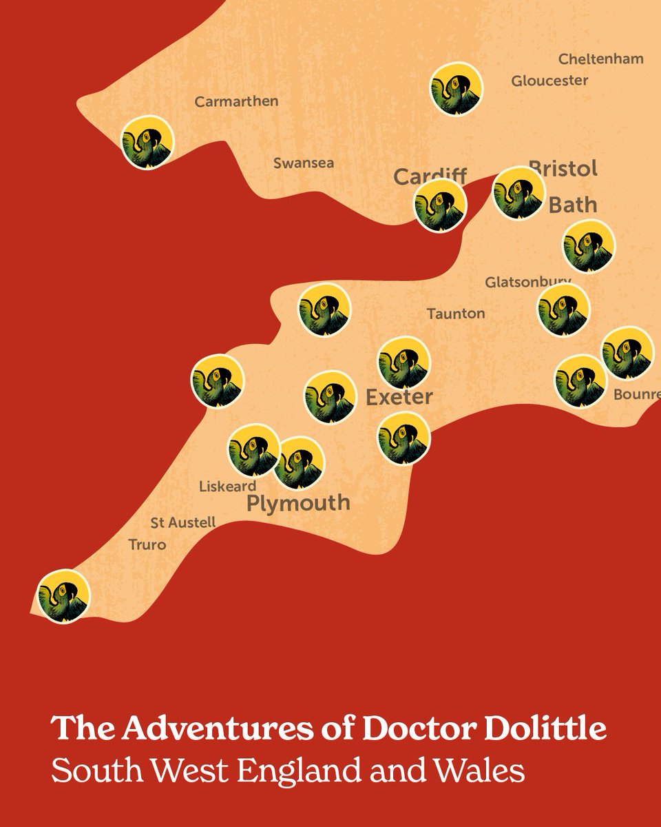 An Artist’s Impression of a Map by Joe 🎨🖼️ We tour to as many places as we can (we promise), so here is a quick overview of where you can catch Doctor Dolittle in the South West of England and Wales this year. (Topographers don’t @ me)