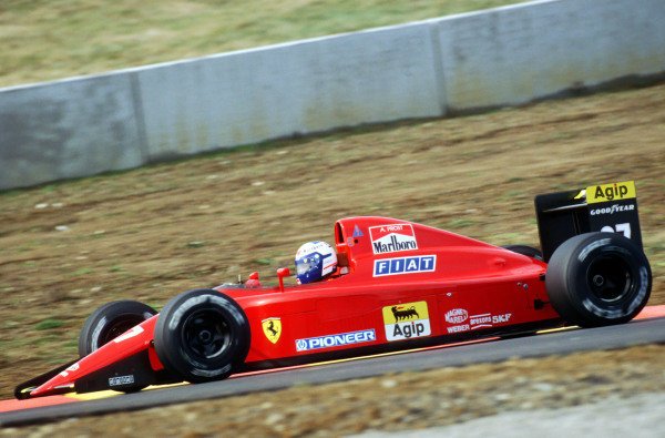 Alain Prost. Ferrari 642 V12 during a test session at Mugello 1991. #F1