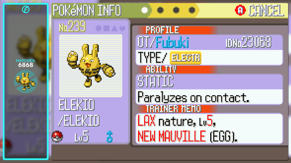 ✨Shiny Elekid After 6868 Hatched in generation 3!✨ Its not a shiny that changes a lot but I do love it and wanted it to complete the electabuzz line in gen 3! AND, super happy to get this as my second shiny for #Eggmonth2024 ! #shinypokemon