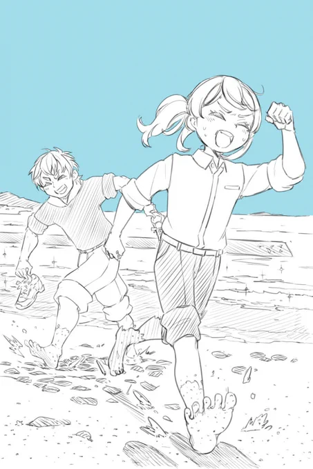 浜辺をかける かしま と いぬがぶち の落書きです📝 まだ冷たいので声を出して我慢しています😨 