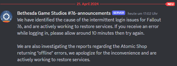 FYI: Bethesda has identified current login issues and is restoring the services. #fallout76