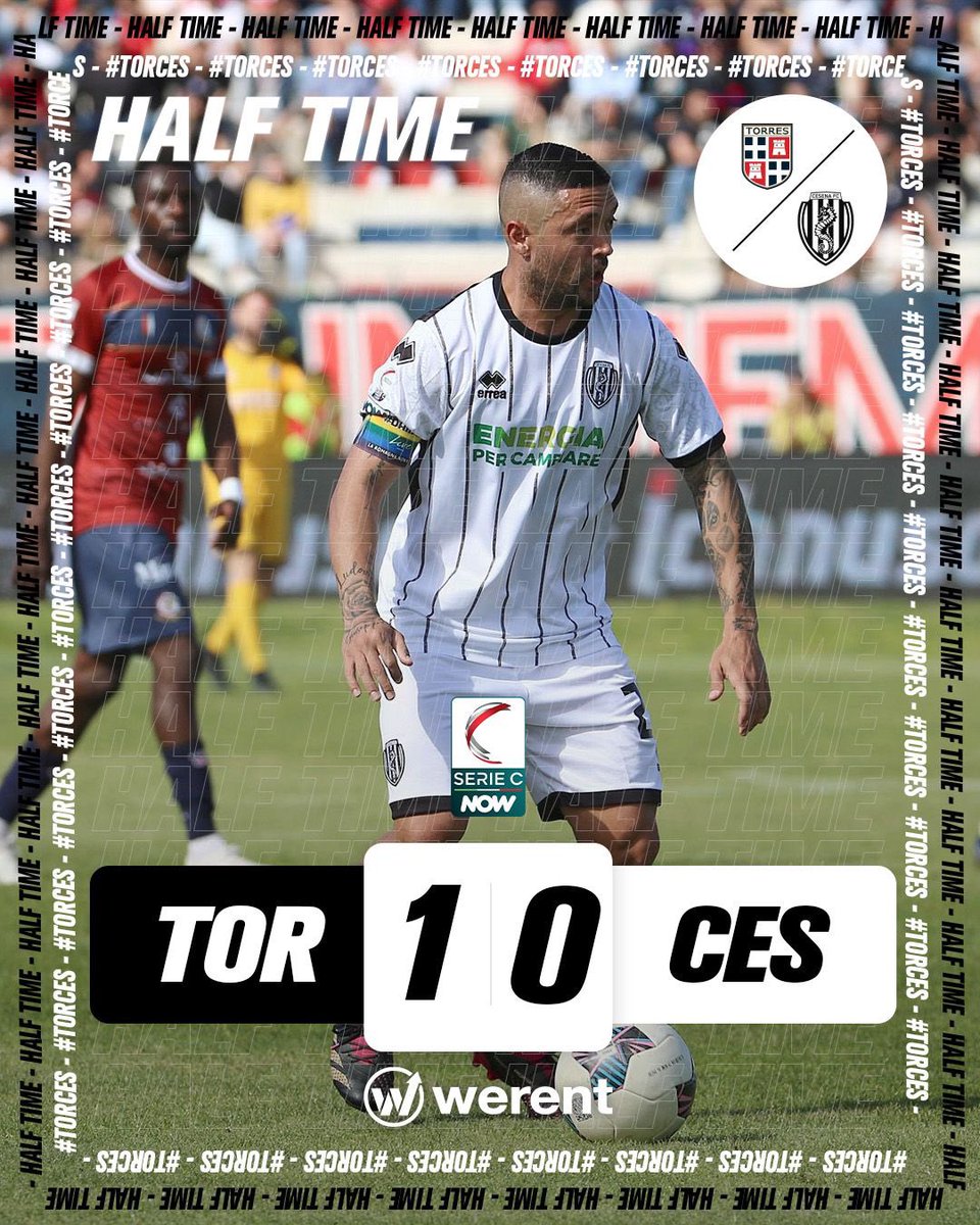 #HALFTIME ‼️ Partita giocata ad alti ritmi tra Torres e Cesena: tante occasioni per il Cavalluccio ⚽️ A trovare il gol è però la Torres con un rigore calciato bene da Scotto 💪🏼Forza Ragazzi, crediamoci, non molliamo #DAIBURDEL Offerto da Werent #TorCes 1-0