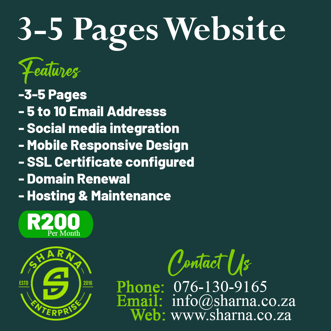 SharnaRsa's tweet photo. 📘 Expand your site with our 3-5 Pages Website Development service! Ideal for growing businesses needing a little more space online. Contact Sharna Enterprise and take your digital footprint to the next level! 📈🌍
Contact us today!
Phone: 076 130 9165
Email: info@sharna.co.za https://t.co/8oCM1CsDLY
