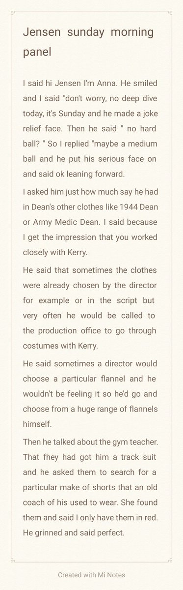 I asked Jensen in his Sunday morning panel about Dean's clothes, but also about Beau saying he loved the jackets and he grinned and the blue jersey in The Boys. He gave me a lovely answer but was stopped by time restraints. Still an awesome interaction and new info. ❤ #jib14