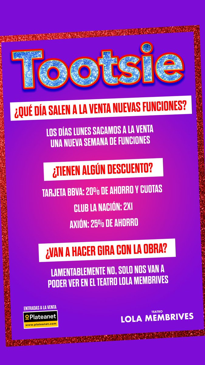 RockyTeatro's tweet photo. Por la gran demanda mañana nuevas funciones a la venta! 
Gracias al público por el amor y acompañarnos tanto!
Entradas acá👉🏽 https://t.co/W731ZDjlc2 o boletería del teatro! #Tootsie la obra más vista del país!! Todo lo que nos desean a nosotros el doble para ustedes!! 
🙌🏽🎭❤️👆🏽 https://t.co/KFQW8TyQZH