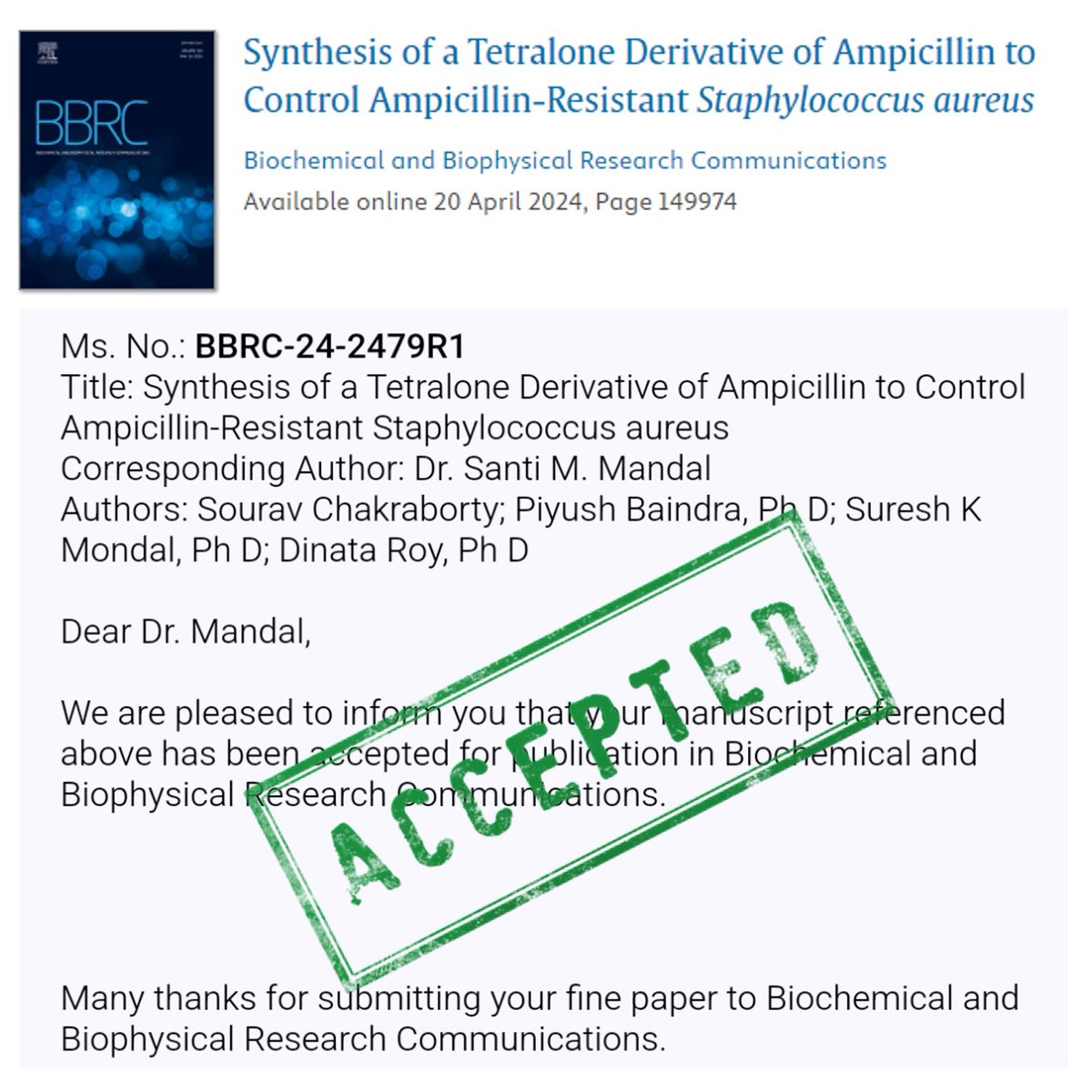 baindarap's tweet photo. It is an immense pleasure to share when your fine-tuned work is accepted for publication within two weeks of submission with the only chance of #YES or #NO.
#research #publication #science #antibiotics #drugresistance #communication https://t.co/Yx9dlBVFyO