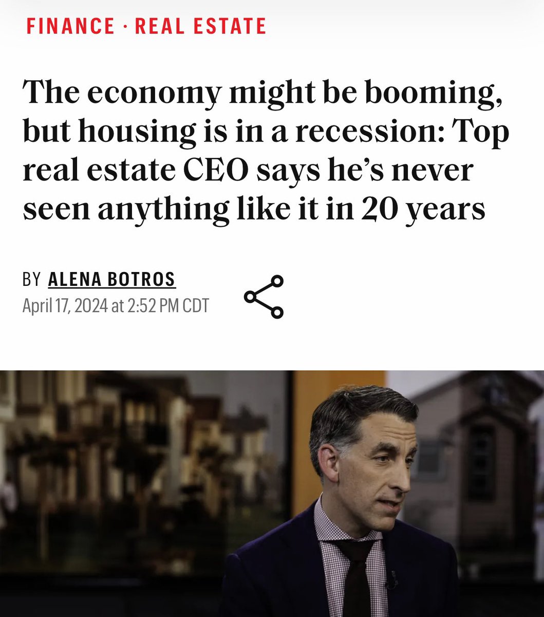 The things @glennkelman says in this Fortune article hit hard with what every Real Estate Professional has experienced in the last 3 years  

Housing is in a recession while the rest of the economy booms 💥

The rate hikes are “not working” in terms of housing affordability 

➡️