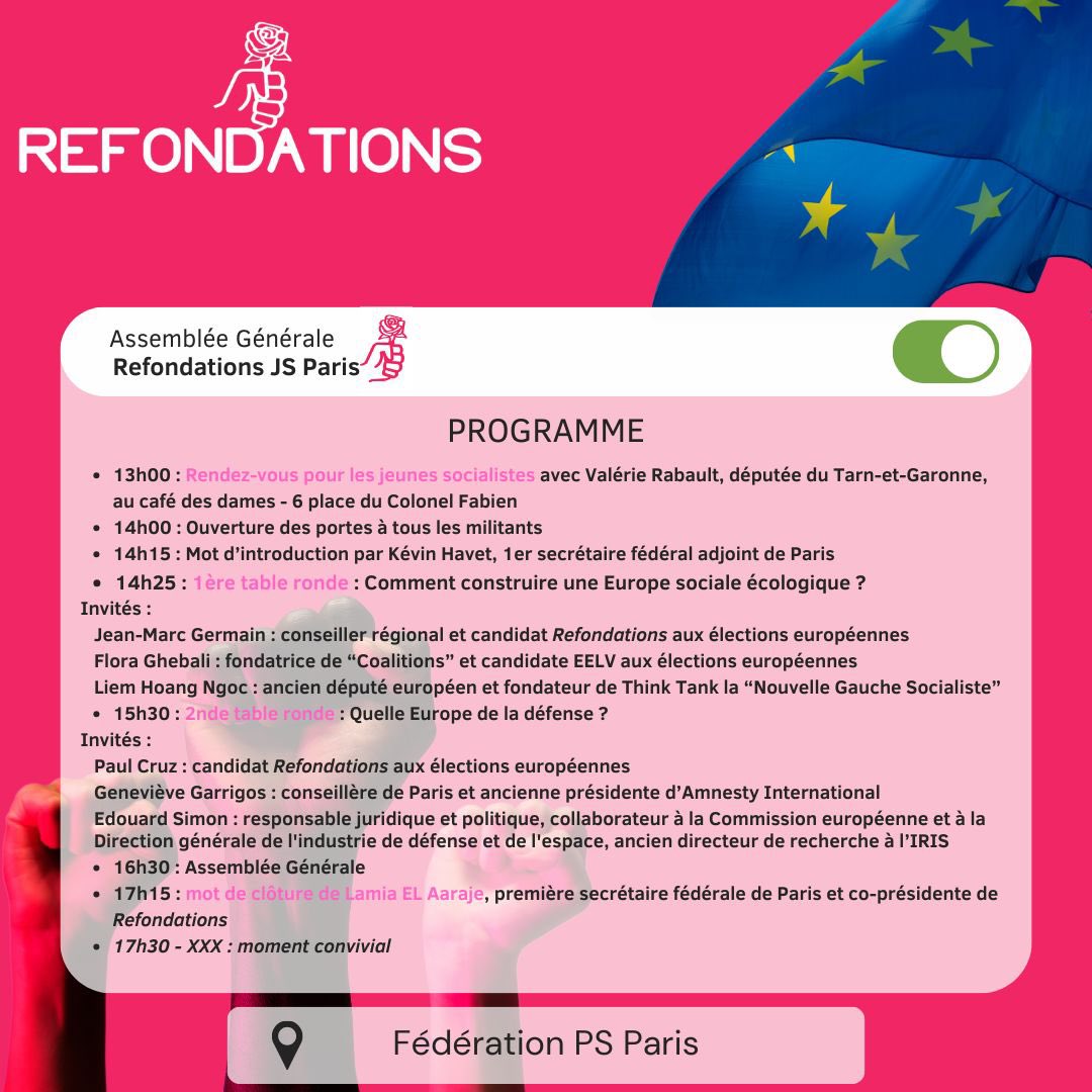 MaximeCohen3's tweet photo. 🚨 J-6 : Le voici enfin ! Retrouvez le programme détaillé de l'après-midi des Jeunes Refondations Paris. 

Pour rappel, cet après-midi est ouvert à tous les militants. 

Nous espérons vous voir nombreux samedi prochain pour une après-midi de formation, de débat et de convivialité https://t.co/NntbOsOKzy