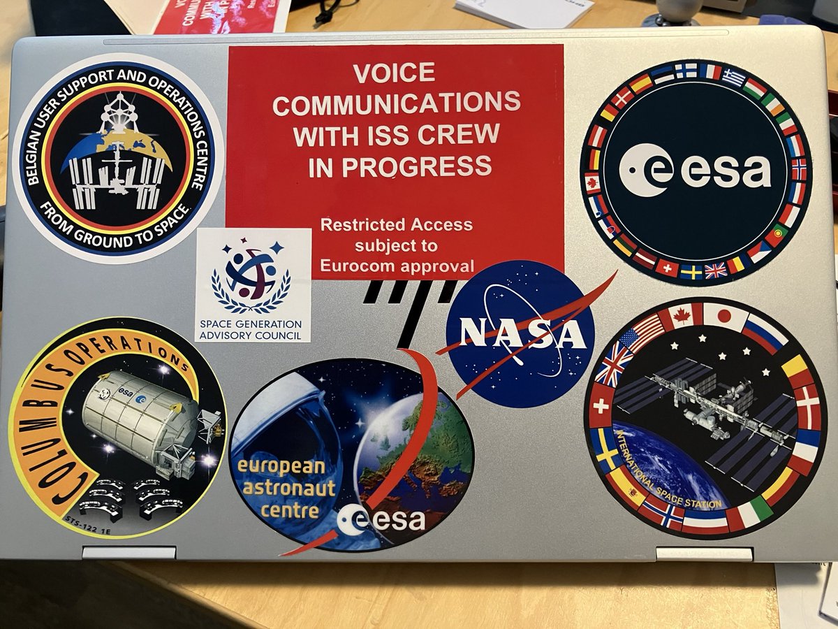 Ian_Benecken's tweet photo. I have a new laptop. It‘s a convertable my dad gifted me for my bachelor‘s degree for master‘s studies. After careful consideration I can now present you the stickers I deemed worthy to be on it. @esa @Space_Station @Busoc_official @SGAC #ColCC @NASA #EAC #EUROCOM #ISS https://t.co/AwZ2kxGDZ4