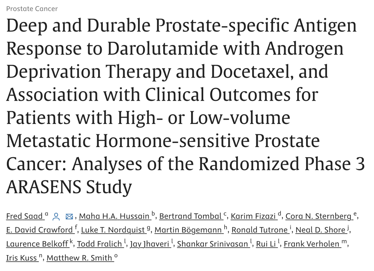 📢⭐️Exploratory analyses of ARASENS compare undetectable PSA (<0.2 ng/ml) and time to PSA progression (≥25% relative and ≥2 ng/ml absolute increase from nadir) between groups. ✅In the overall population, 67% of patients on darolutamide achieved undetectable PSA versus 29% on…