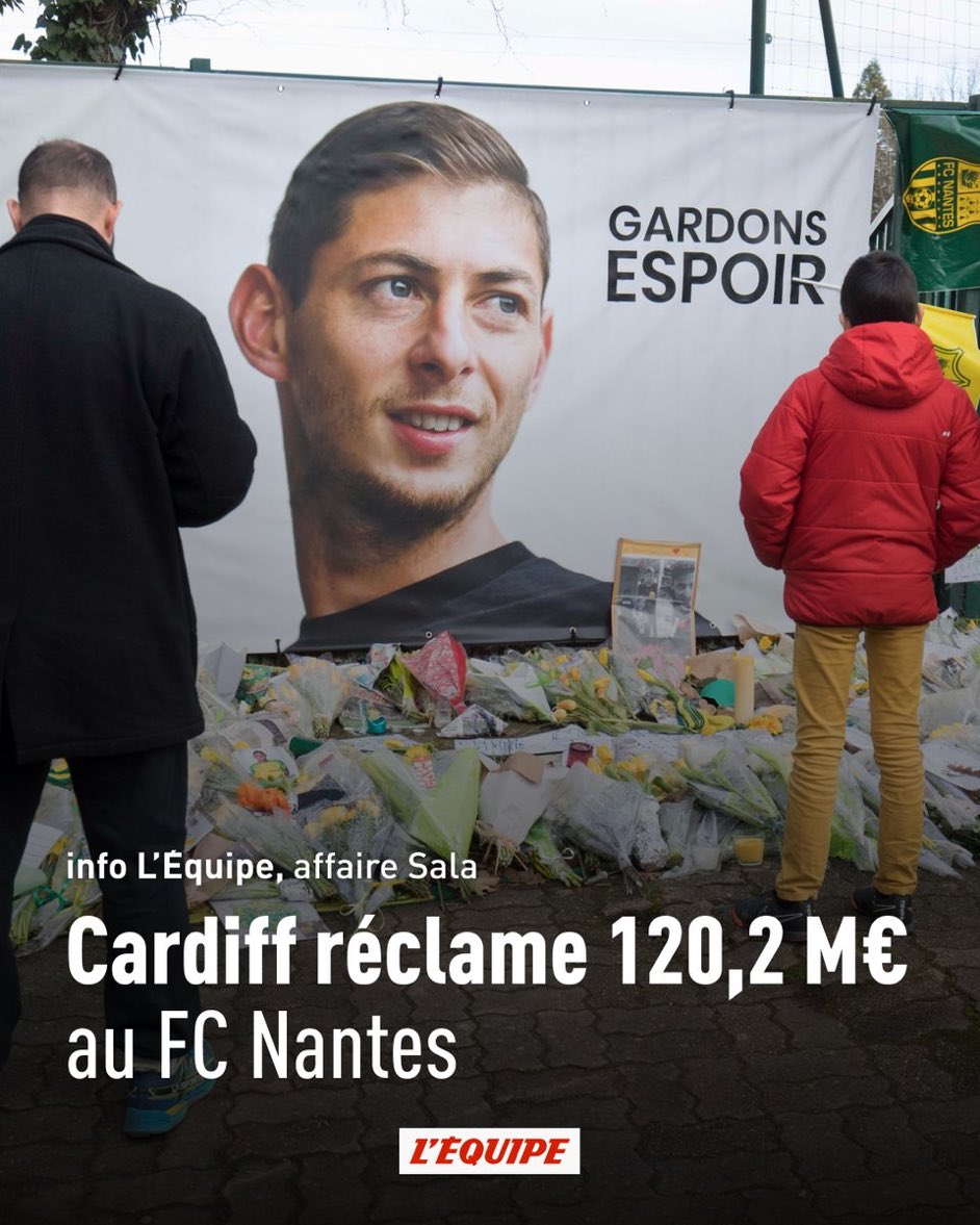 Cardiff City are suing FC Nantes for €120.2 million after a study declared that they had a 54.2% chance of avoiding relegation with Emiliano Sala, per @lequipe. They will present the French club with an invoice of €120.2m.