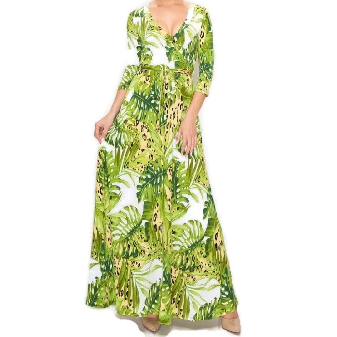 Leopard Lime Banana Leaves Faux Wrap Maxi Dress tuppu.net/d14e657 #bridesmaid #janettefashion #wedding #maxidress #plussizefashion #smallbusiness #womenfashion #jumpsuits #FauxWrapDresses