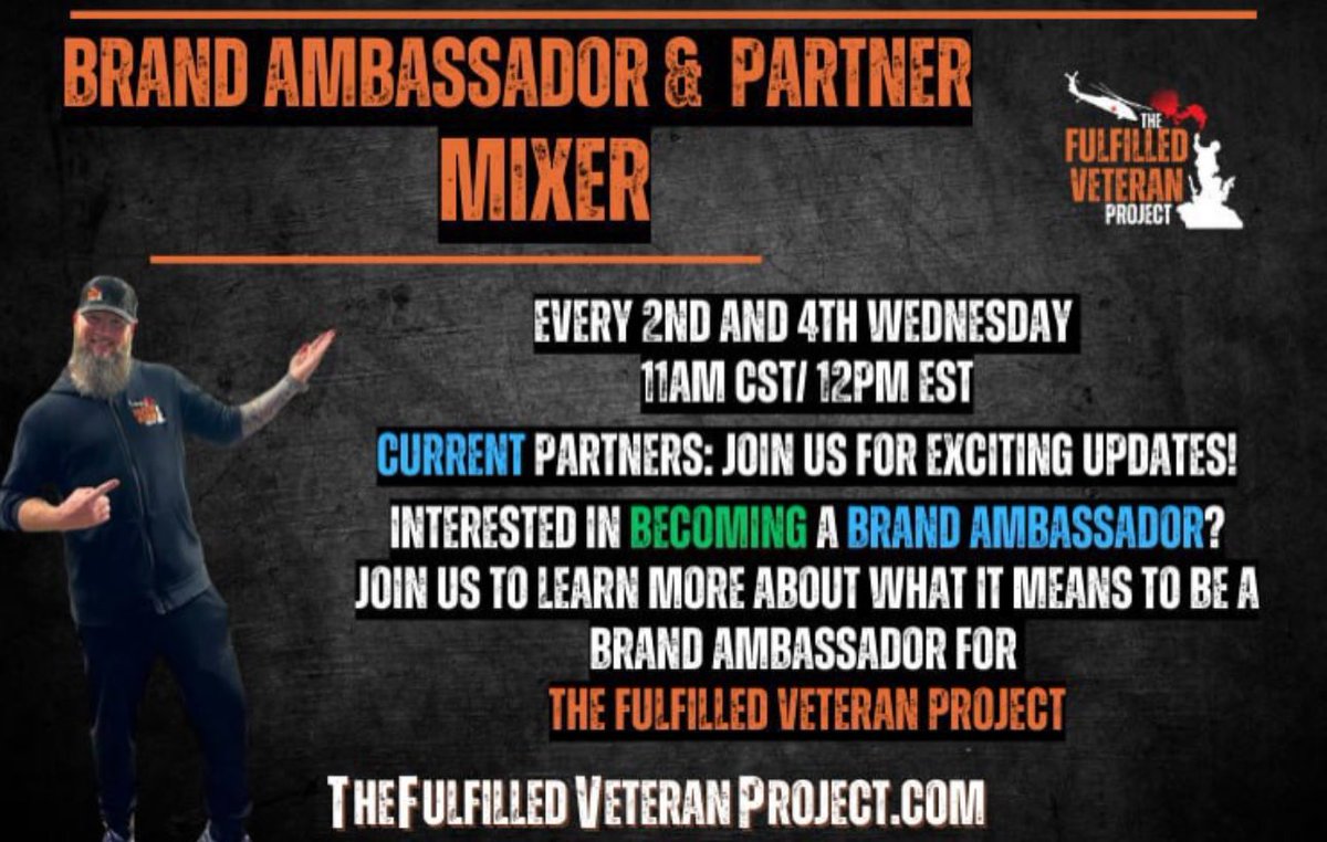 Brand Ambassadors-
Join us to learn more about how You can Help Us Help YOUR Buddies!!

Register Today!
thefulfilledveteranproject.com/events/

#veterans
#specialforces
#specialops
#specialoperations
#thefulfilledveteranproject
#thefulfilledveterannetwork
#veteranowned