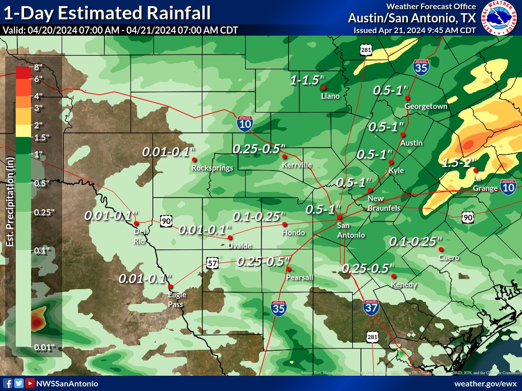 Here's a look at the 24-hour radar estimated rainfall as of 7am this morning. Many areas from the Hill Country east saw at least 0.5' of rain, with portions of Lee, Fayette, and Bastrop Counties seeing localized amounts over 3'. #txwx