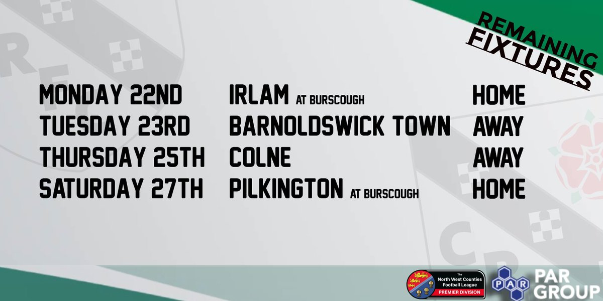 REMAINING FIXTURES Pep might have had his say about fixture congestion, but we get our heads down and get on with it, starting tomorrow at Burscough's Community Ground against @IrlamFC! 💚 #4togo
