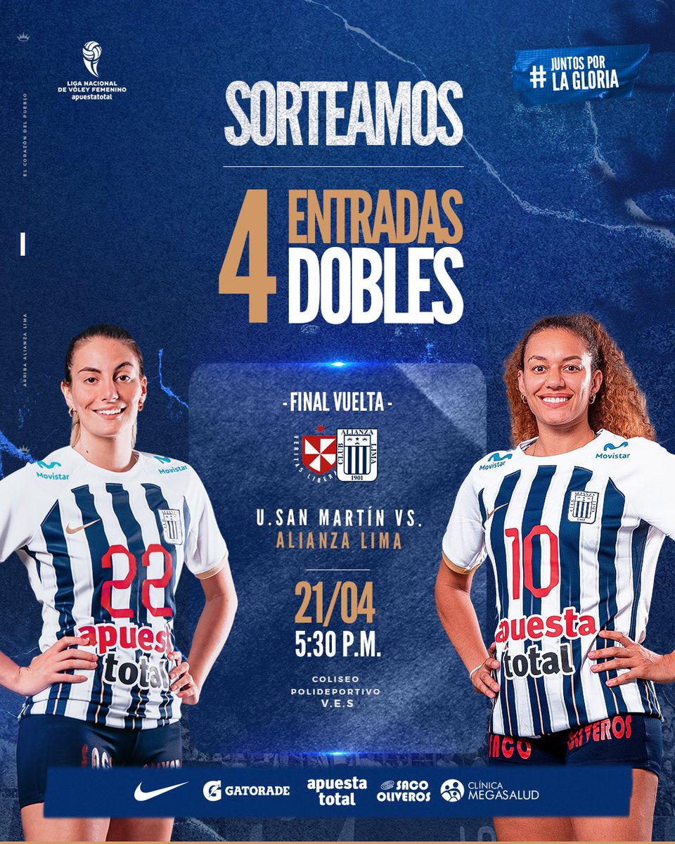 ¡𝗧𝗘 𝗟𝗟𝗘𝗩𝗔𝗠𝗢𝗦 𝗔 𝗟𝗔 𝗙𝗜𝗡𝗔𝗟 𝗣𝗔𝗥𝗔 𝗔𝗟𝗘𝗡𝗧𝗔𝗥 𝗔 𝗡𝗨𝗘𝗦𝗧𝗥𝗔𝗦 𝗜́𝗡𝗧𝗜𝗠𝗔𝗦! 💙🎟️

Te traemos un #SorteoFlash. Gana una de las 𝟰 𝗲𝗻𝘁𝗿𝗮𝗱𝗮𝘀 𝗱𝗼𝗯𝗹𝗲𝘀 siguiendo estos pasos:

🔹Síguenos (<a href="/AlianzaLimaVB/">Alianza Lima Vóley</a>)
🔹Dale RT a esta publicación.
🔹Comenta