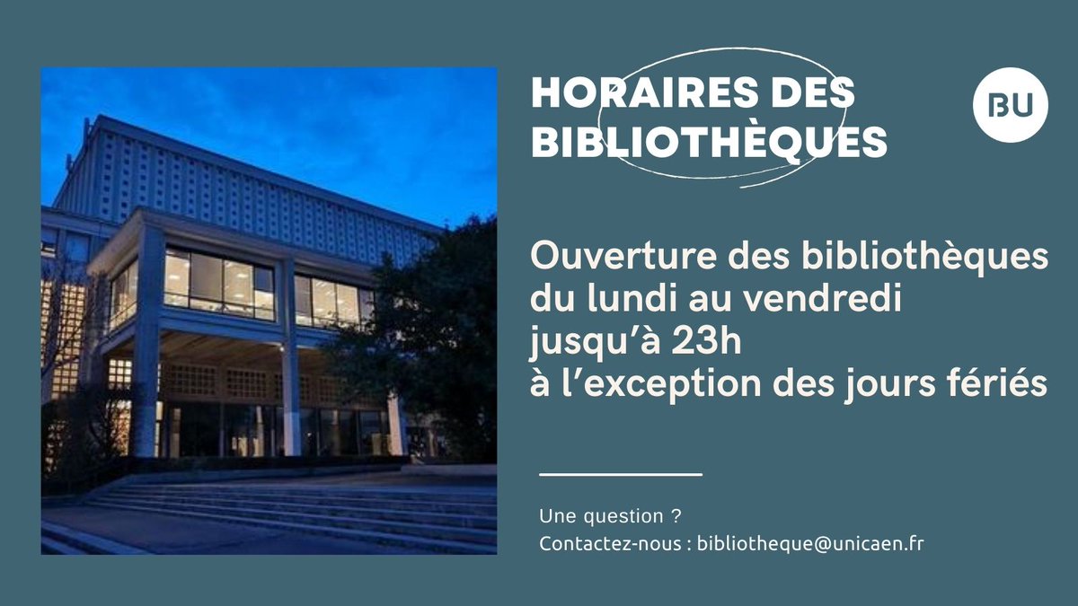 🌙 Les ouvertures en #Nocturne des #Bibliothèques @Universite_Caen sont maintenues pendant les vacances de printemps, à l'exception des jours fériés bit.ly/4d8hMLm #NoctamBU 📢 Les #BU seront fermées les 1, 8, 9 et 20 mai 2024