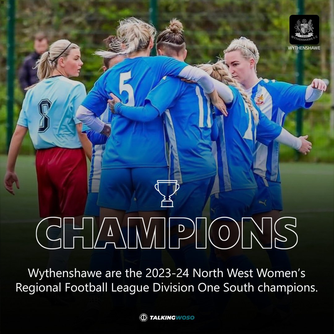 CHAMPIONS! Wythenshawe are the 2023-24 North West Women's Regional Football League Division One South champions. Promotion to the fifth tier secured! Congratulations on a fantastic season @WythenshaweFCW. 📸 @ianparkermoore