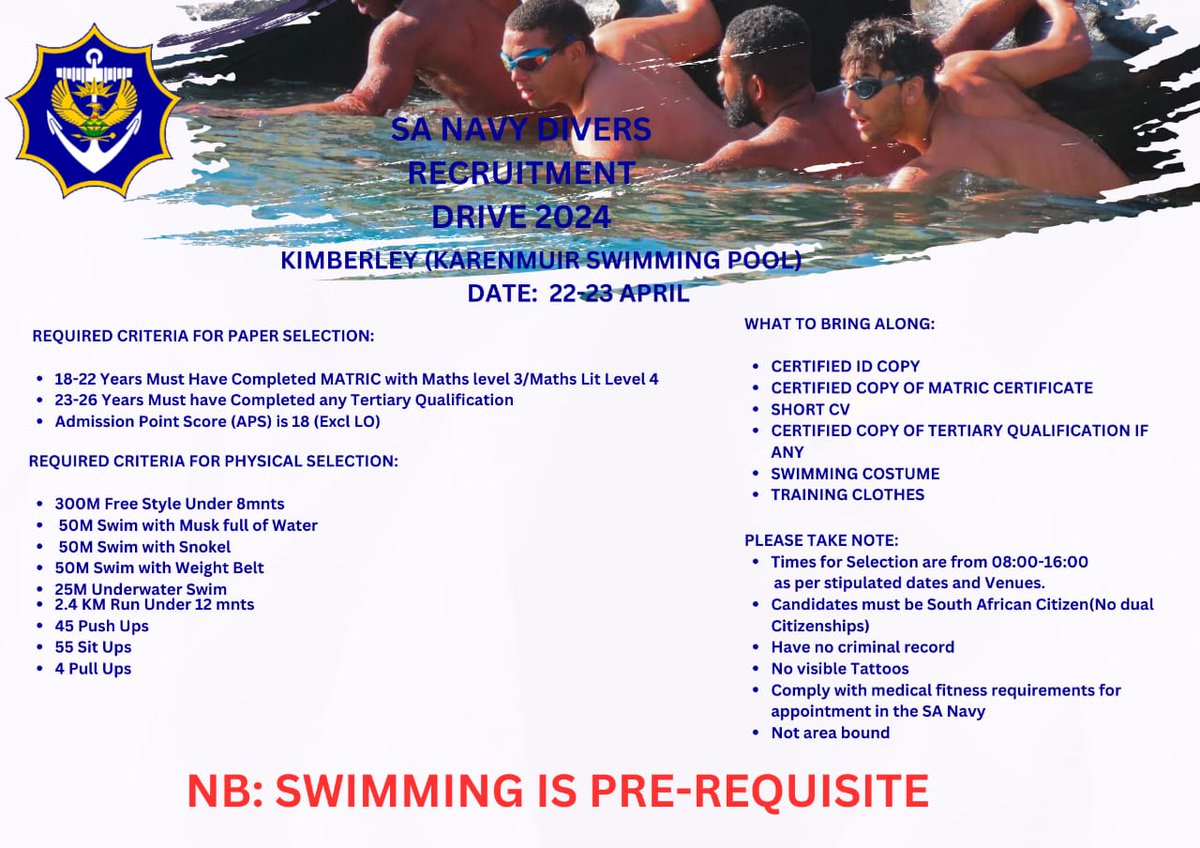 SA Navy Divers Recruitment Drive 2024. Kimberley >> 22 and 23 April, Karen Muir Swimming Pool. #SANDF #SANavy #SANavyRecruitment2024 #ToBeUnchallengedAtSea