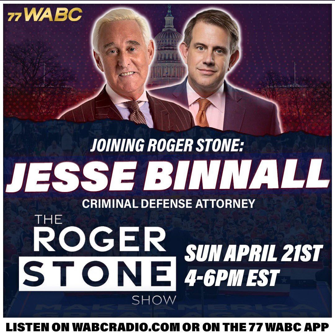 TODAY Criminal Defense Attorney Jesse Binnall joins The @RogerStoneShow on @77WABCRadio to Breakdown the Soviet-style Show Trial Against Donald Trump in New York! 🎧 LISTEN LIVE 4 PM ET: WABCRadio.com