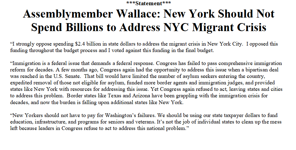 New York should not spend billions to address the downstate migrant crisis. Congress has refused to act, and we should not be paying for Washington's failures. We should be spending these funds on education, infrastructure, and programs for veterans and seniors.