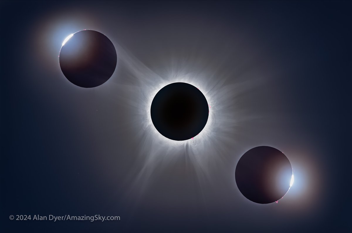 A composite of the April 8, 2024 total solar eclipse, with a central blend of exposure for totality, flanked by the 2nd (left) and 3rd (right) contact diamond rings. With the 105mm Traveler refractor from Lac Brome, Québec. Details in the Alt Text. @twanight #TotalSolarEclipse