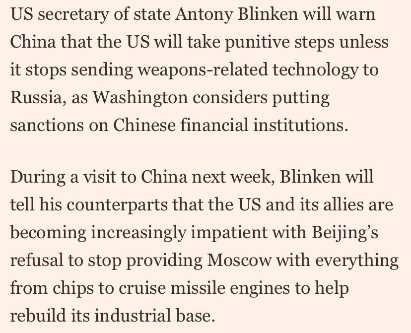 🇺🇸⚡️🇨🇳 Prima dell'imminente visita del Segretario di Stato americano Antony Blinken in Cina, inizia la tradizionale retorica di stampo mafioso contro Pechino Il clan di Washington è indispettito per il sostegno della Cina alla Russia 1/4 globaltimes.cn/page/202404/13…