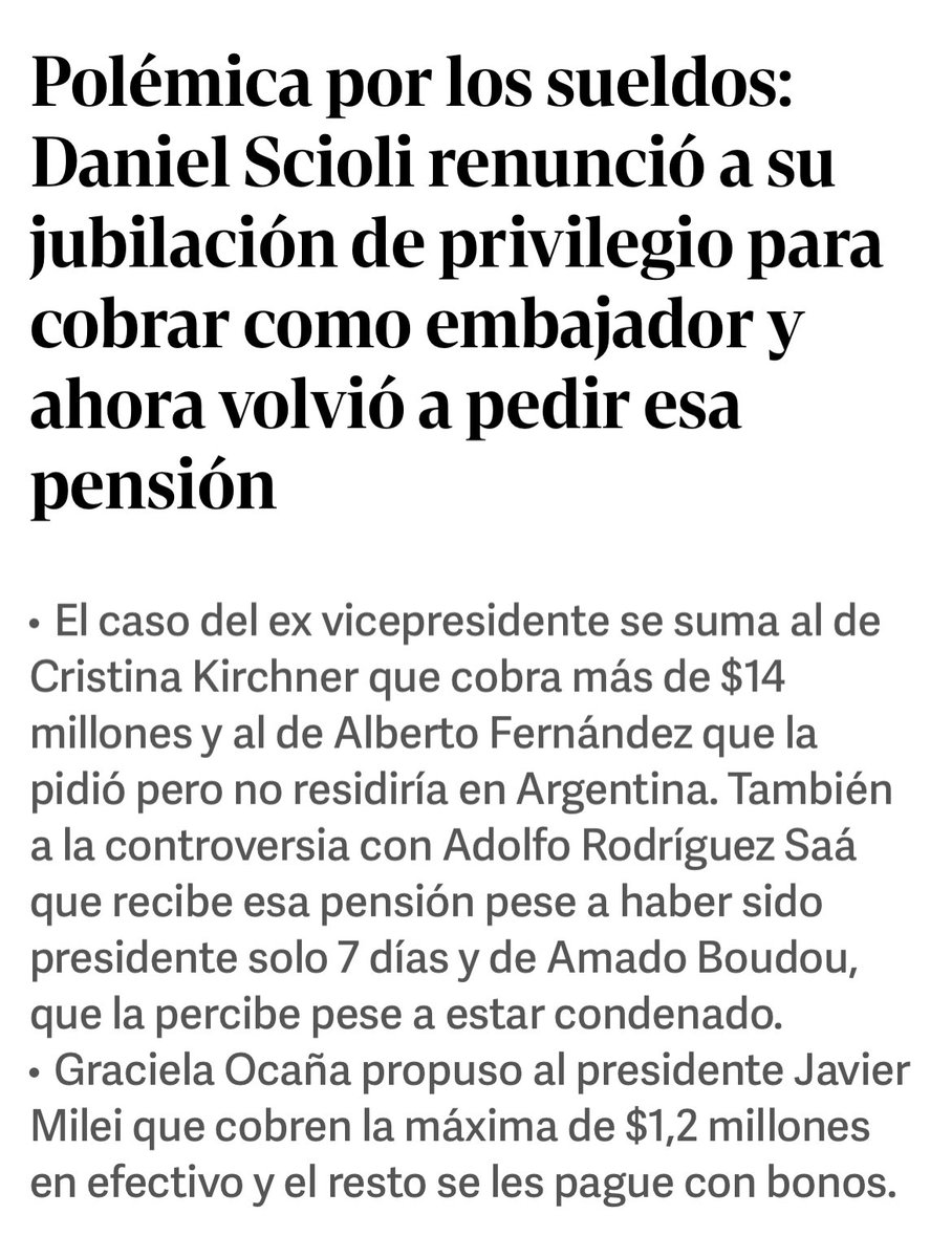 Sigue el salariazo en el Ejecutivo… En el marco de las leyes #anticasta presentaremos una propuesta al Congreso y al Presidente Milei, que las jubilaciones de privilegio otorgadas cobren lo máximo que puede recibir un jubilado que aportó 30 años al sistema. 
El resto, que se le