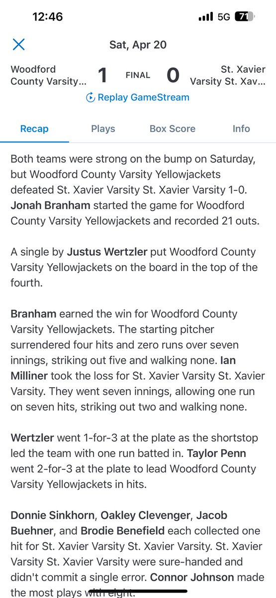Outing vs. St. Xavier (KY) - 4/20/24

7.0IP, 4H, 0R, 0BB, 5K, 86 pitches 

@PBR_Uncommitted <a href="/PrepbaseballKY/">Prep Baseball Kentucky</a> <a href="/wofohsbase/">Woodford County High School Baseball</a> <a href="/CBC_KY/">Commonwealth Baseball Club</a> 

#uncommitted