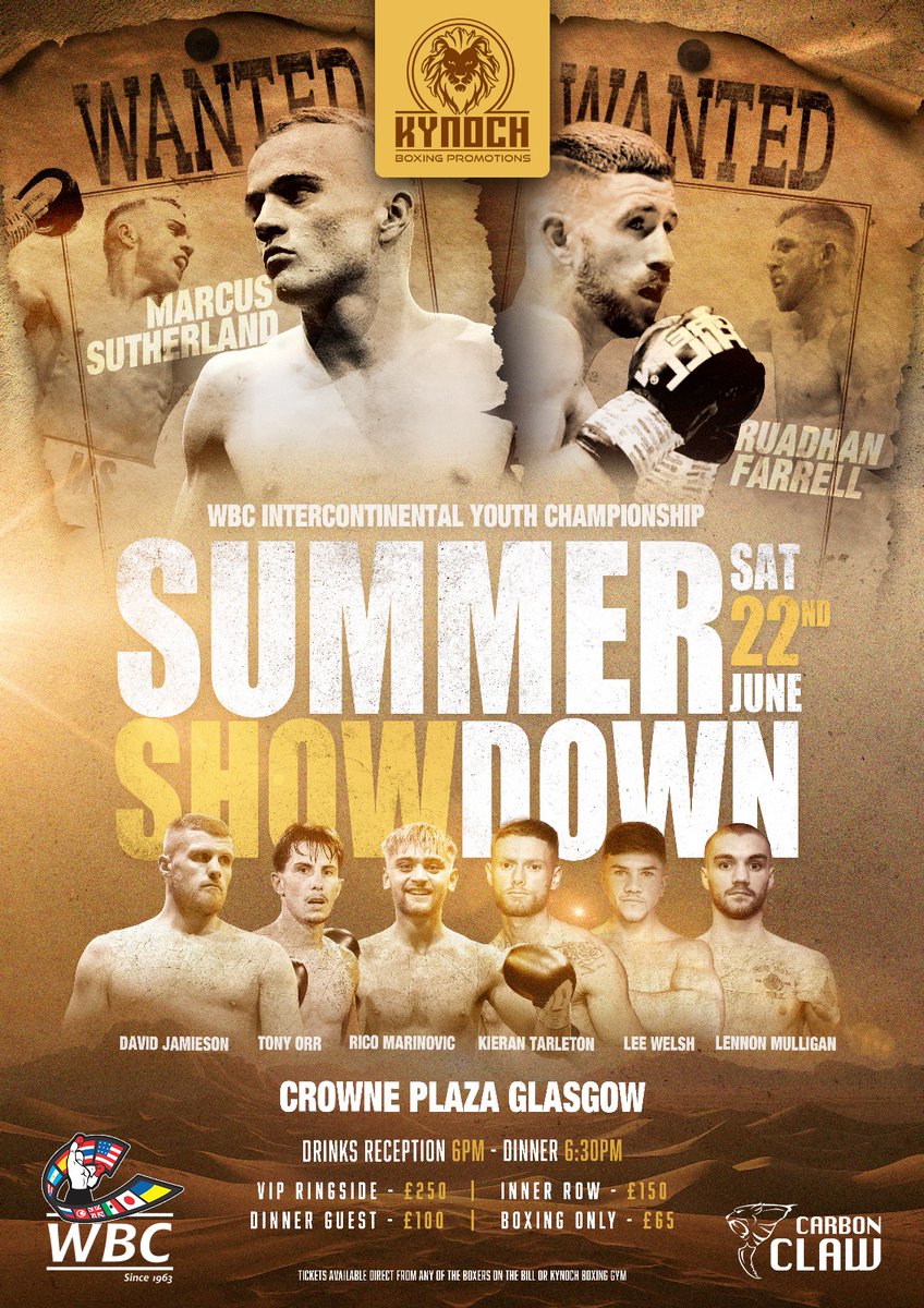 🚨 SUMMER SHOWDOWN 🚨

What an event we have to kick-start the Summer. ☀️ 

The WBC Intercontinental Youth Championship is up for grabs as Marcus Sutherland takes on Ruadhan Farrell.🟢🟡

The undercard features a host of exciting stars from Scottish boxing.🏴󠁧󠁢󠁳󠁣󠁴󠁿