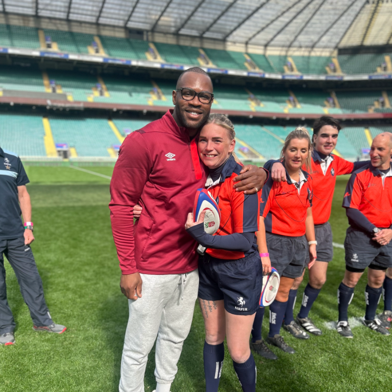 Thank you to the match officials today 🏉 Special shout out to Chloe Cannon and Elly Cole who, within a year of taking up refereeing, were match officials at Twickenham today 👏 @ugomonye presented them both with a signed @GILBERT_RUGBY match ball in recognition 🏅 @RFU_Refs