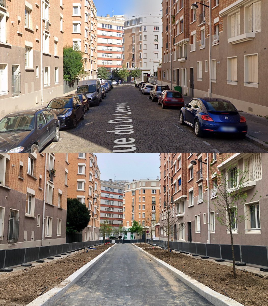 Avant / Pendant les travaux Rue du Docteur Lecène dans le 13ème arrondissement de Paris. Des arbres à la place des places de stationnement.